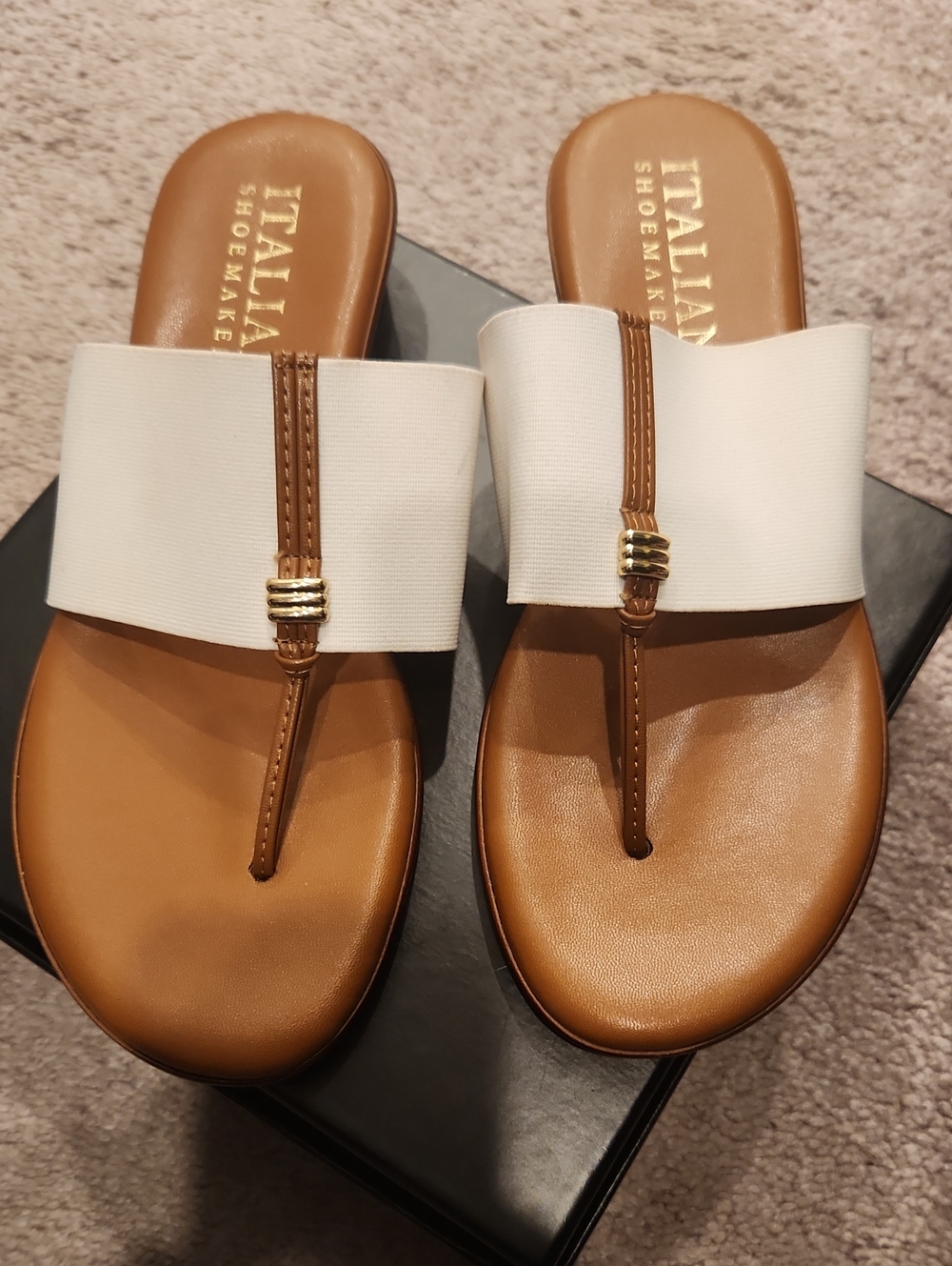Italian Shoemakers White Fabric & Tan Leather Thong Sandals